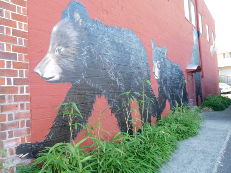 &quot;Cub-napped,&quot; painted by Travis London on a wall of the historic Blair Building, at 1801 Main St., in downtown Washougal, depicts the story of the Lewis and Clark expedition taking the cubs in 1806 when they camped in Washougal and found a den without a mother bear present.