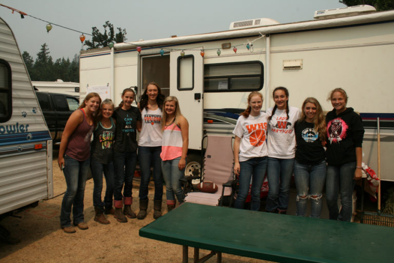 Washougal basketball players camp at the Skamania County Fair in Stevenson after showing their 4-H animals on Aug. 14. Pictured from left to right: Maddie Gehrke, 17; Taylor Gibbons, 15; Jaiden Bea, 14; Ashley Gibbons, 17; Savea Mansfield, 15; Skylar Bea, 15; Brenna McEathron, 14; and Siarrah Pilar, 15.