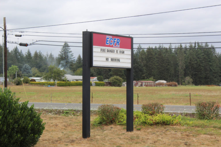 A sign in front of East County Fire and Rescue Station 91 in Camas reminds passersby of the burn ban in effect during the hot, dry summer months.