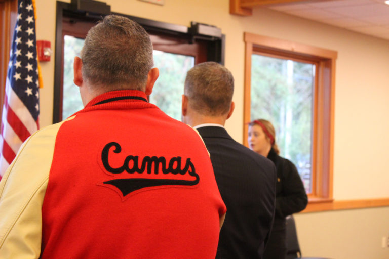 Camas Mayor Scott Higgins sports his Camas Papermakers jacket at the 2018 State of the Community address.