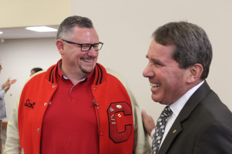 Former Camas Mayor Scott Higgins (left) laughs with Camas City Administrator Pete Capell (right) during the 2018 Camas State of the Community address. Capell, who has served as the city's chief off day-to-day operations, announced his retirement today, effective Jan.