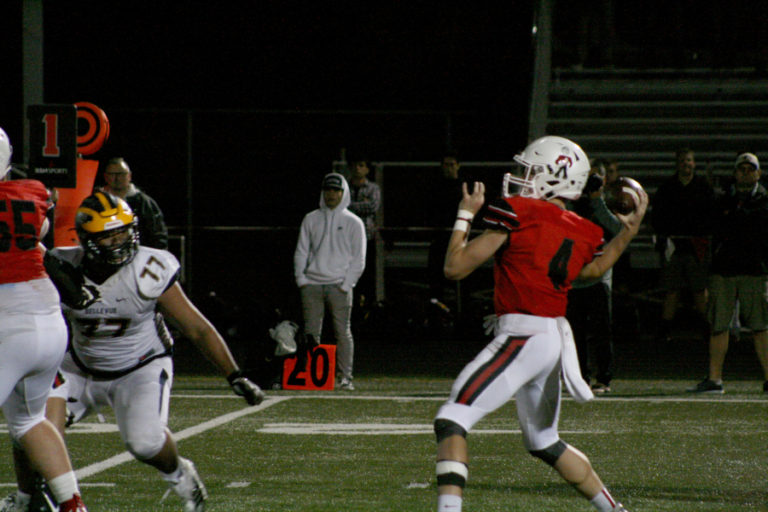 Camas High quarterback Andrew Boyle (right) had a big night against Bellevue High, Sept.