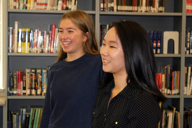 Camas High DECA Girls Represent leaders Rachel Blair (left) and Monica Chang (right) chat with members of Congressional candidate Carolyn Long&#039;s campaign (not pictured) after Long spoke for the first of the Girls Represent group&#039;s October &quot;Lunchbox Talks&quot; designed to expose middle and high school girls to traditionally male-dominated fields, on Tuesday, Oct.