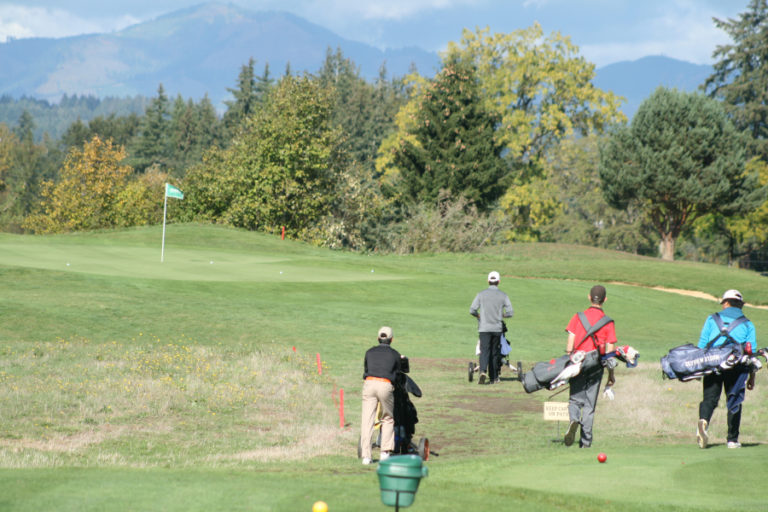 The top group of golfers in the district including Owen Huntington of Camas (second to left) were neck and neck throughout the district tournament at Tri-Mountain Golf Course in Ridgefield.