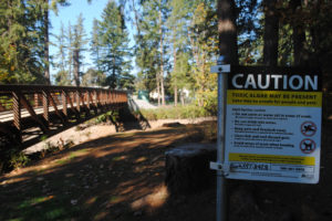 Signage posted at Round and Lacamas lakes last week after a passerby noticed a blue-green algae bloom. County health officials recommend citizens and their pets stay away from the water until further notice. 