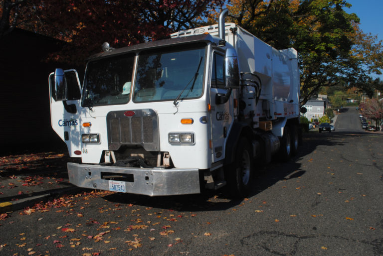 A Camas garbage truck parked outside Camas City Hall downtown on Oct. 22.