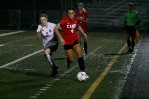 Senior Maddie Kemp dribbles the soccer ball in a 7-0 shutout against Union, Oct. 23. The all-time Camas goal leader, with a total of 130 goals so far in her high school career, finished with four goals on the night.