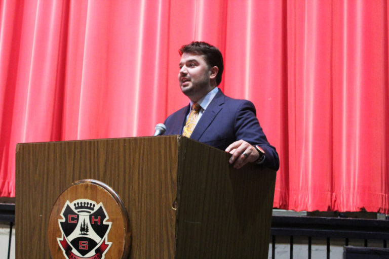 Rep. Brandon Vick speaks at an Oct. 22 candidate forum at Camas High School. Vick, the Republican incumbent, will retain his seat in the 18th Legislative District, Position 1.