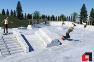 A rendering of what skateboard advocates hope is the future look of Camas' skatepark. The stair, rail and "picnic table" features in the forefront currently exist. Potential upgrades include the quarterpipe, guardrails and middle obstacle pictured in the background. (Contributed illustration courtesy of Lewallen Architecture)