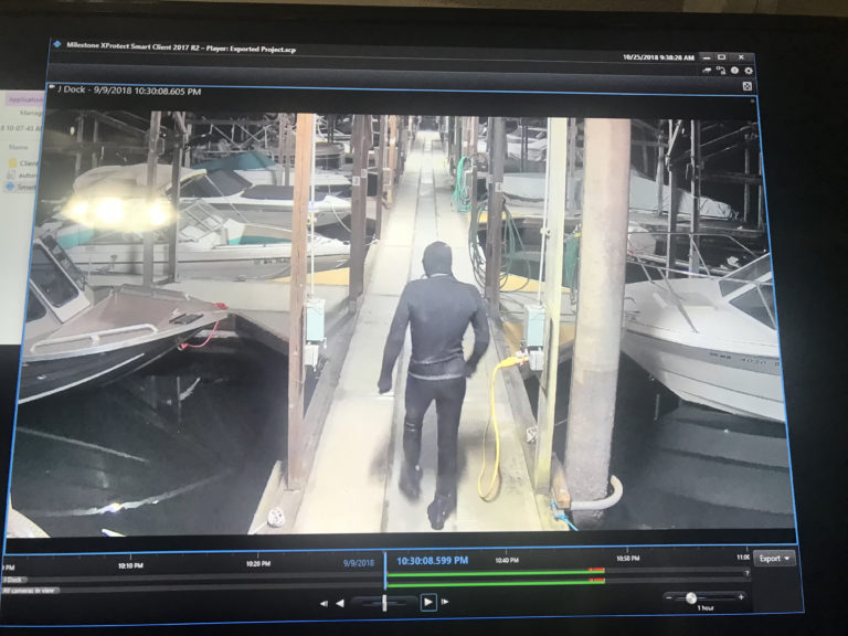 (Contributed photo courtesy of the Port of Camas-Washougal)
A Port of C-W marina camera records this image of a boat theft suspect, wearing a wetsuit, at 10:30 p.m., Sept. 9, on ‘J’ Dock. Port Facilities Manager Jeramy Wilcox said the person entered the marina from the shore via the water.