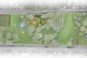 A rendering of a potential first step in Crown Park's renovation. This visual includes the water feature (1), ADA pathways (2), an improved playground (3), a sports court (4), a restroom (5) and the existing pavilion (6). (Contributed illustration courtesy of Greenworks, PC)
