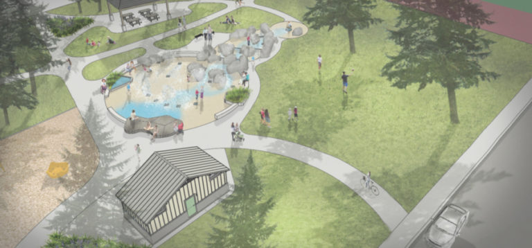 A bird&#039;s-eye view of the water feature included in the future Crown Park renovations. City leaders could delay the water feature&#039;s construction, leaving a grassy space in this area in the meantime.