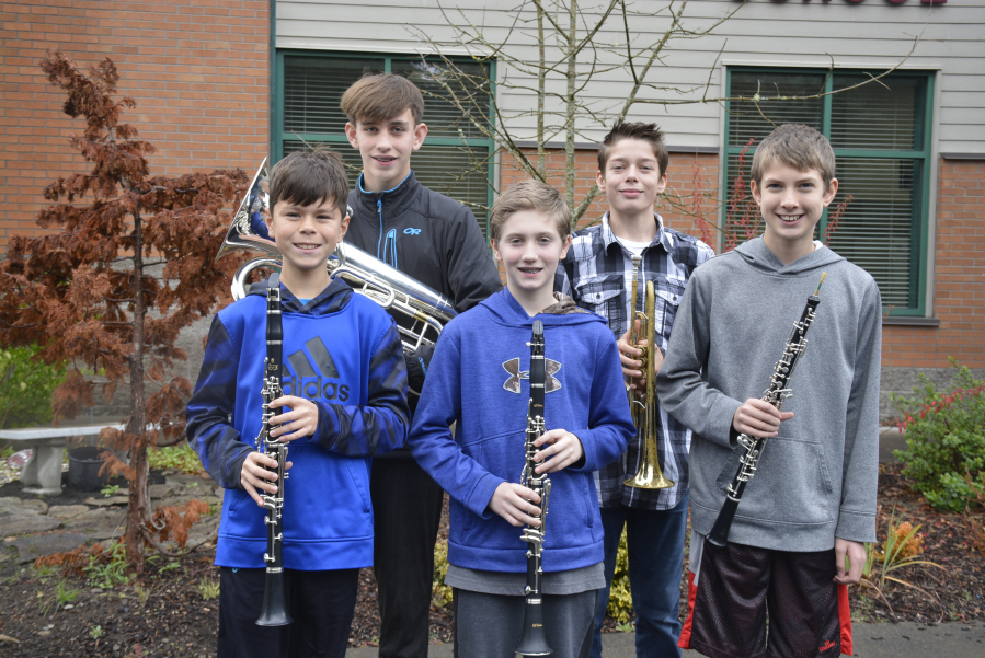 The Canyon Creek Middle School members of the North County Honors Band, pictured clockwise from back left, are: Alex Holden, Grae Holmes, Tanner Hopkins, Nolan Johnson and Carson Holmes. (Contributed photos by Rene Carroll for Washougal School District)