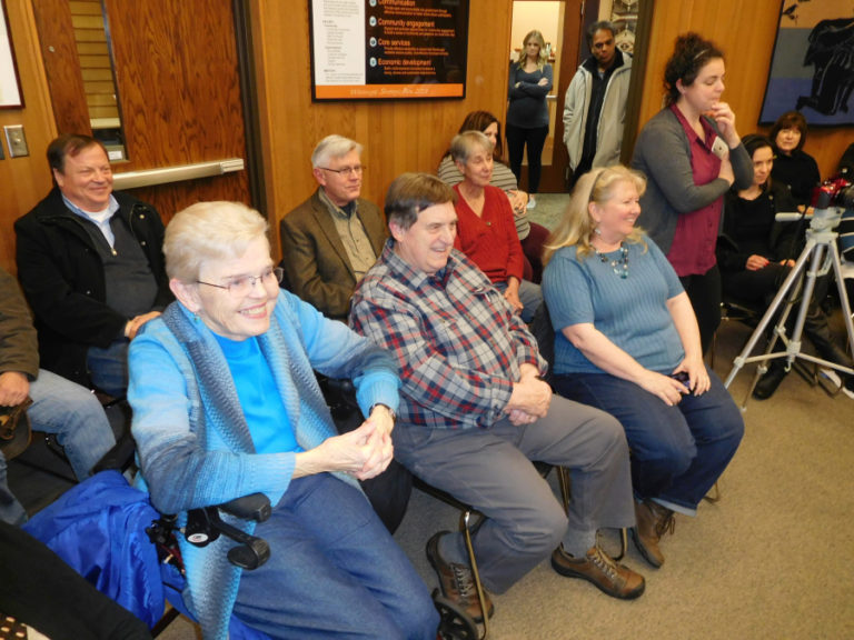 Local leaders attend Washougal Mayor Molly Coston&#039;s Dec. 28, 2017, mayoral swearing-in ceremony. Former Camas Mayor Nan Henriksen (front row, left), Port of Camas-Washougal Commissioner Larry Keister (right) and Camas City Councilman Steve Hogan (back row) are among Coston&#039;s supporters.