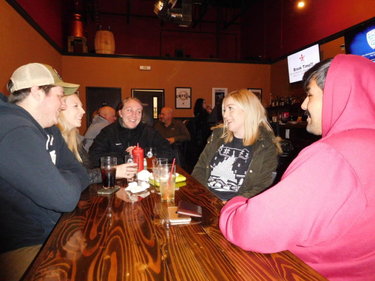 Jacueline Steffanson (second from right) participates in a trivia night at Mill City Brew Werks, in downtown Camas, Dec. 5.