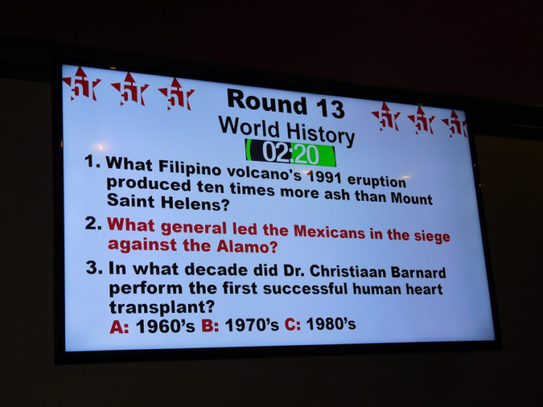 Questions are displayed on flat screen TVs, during trivia nights Wednesdays, at Mill City Brew Werks, in downtown Camas.