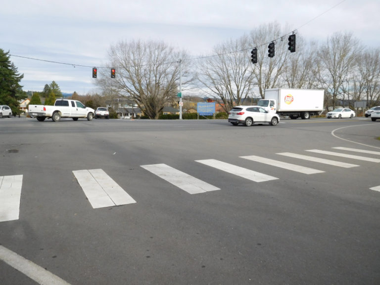 Traffic lights control the traffic flow at State Route 14 (SR-14) and 15th Street (Washougal River Road) in Washougal.