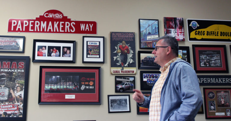 Longtime Camas Mayor Scott Higgins, pictured here in his Camas office in front of his many &quot;Papermakers&#039; Pride&quot; signs, announced his unexpected resignation from office in June 2018, nearly 18 months before his term was set to end.