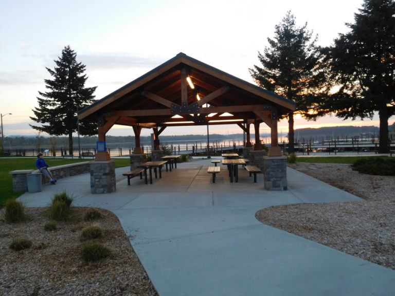 Washougal Waterfront Park and Trail includes a covered picnic area, 0.7-mile trail, a launch area for kayaks and canoes, a plaza and lawn areas.