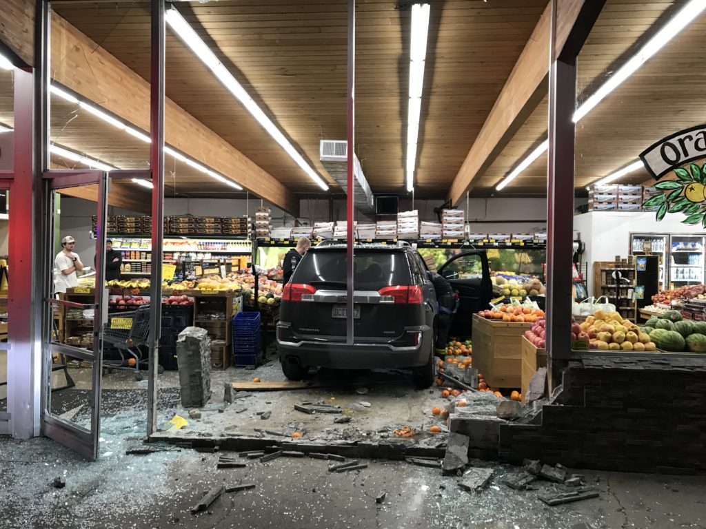 Police say a Camas woman drove her GMC  through the front windows of Camas Produce around 6:30 p.m., Thursday, Jan. 10. 