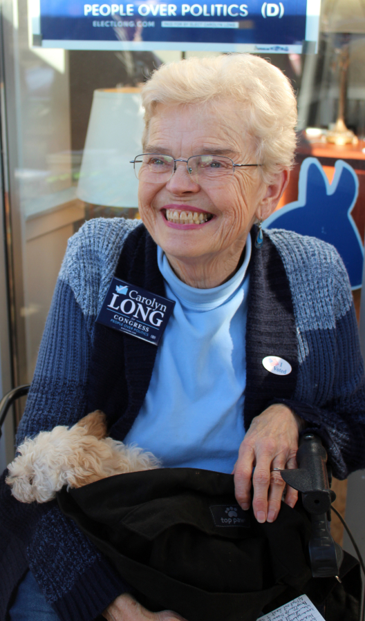Nan Henriksen attends a November 2018 &quot;get out the vote&quot; event for Democratic Congressional candidate Carolyn Long in Camas. The Camas School District has named a road leading to its newest high school after Henriksen, a Camas School District alumna and former Camas mayor, and will host a dedication ceremony for the new &quot;Northwest Nan Henriksen Way&quot; on Jan.