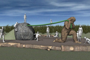 A natural play area, to open on the Washougal waterfront this summer, will include a Sasquatch sculpture, log benches and steppers, boulder edging and a boulder maze, engineered wood fiber on the ground and a metal slide that follows the slope of the hill. There will also be musical instruments -- three junior drums and a metallophone -- made of steel tubing. (Contributed rendering courtesy of ID Sculpture)