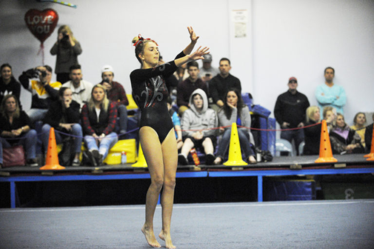 Camas High senior Madison Martin entertains the crowd at Vancouver Elite Gymnastics Academy (VEGA) in Camas during the floor exercise in the last meet of the regular season, held Saturday, Jan.