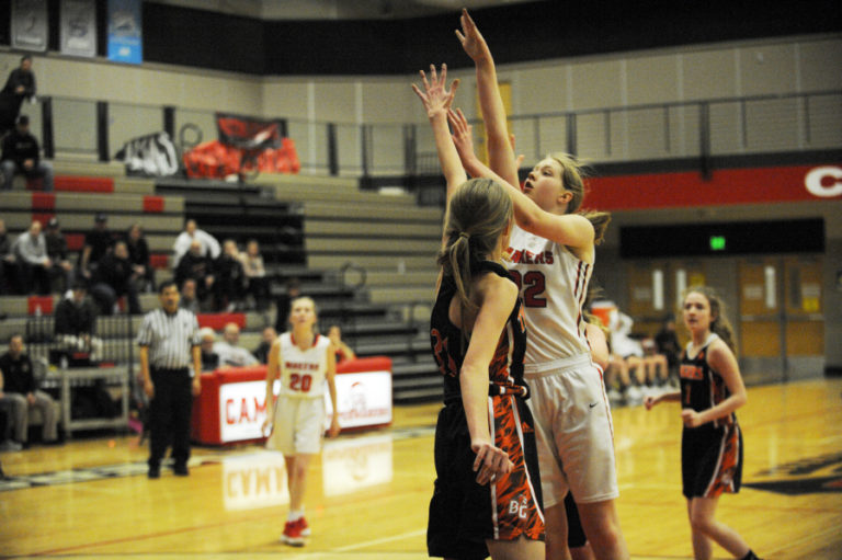 Camas sophomore Faith Bergstrom scores inside, over Battle Ground&#039;s defense, on Jan. 30.