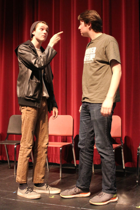 Washougal High seniors Sean Finucane (left) and Braden Harness (right) act out a scene as their &quot;Odd Couple&quot; characters, Felix Ungar and Oscar Madison, on Thursday, Feb. 7. The male version of the play is set for 2 p.m. Saturday, Feb. 16, and 7 p.m. on Friday, Feb. 22, and Saturday, Feb.