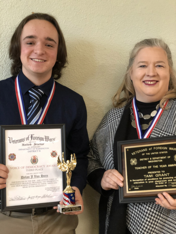 Washougal High senior Dylan Van Horn received a third place &#039;Voice of Democracy&#039; award, and Washougal High American Sign Language teacher Tami Grant was named a &#039;Teacher of the Year during a Veterans of Foreign Wars Department of Washington District 6 youth essay awards ceremony.