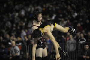 Camas senior Tanner Craig displays powerful technique in an overtime match in the semi finals of the state wrestling tournament in Tacoma.  Craig went on to repeat as state champion.