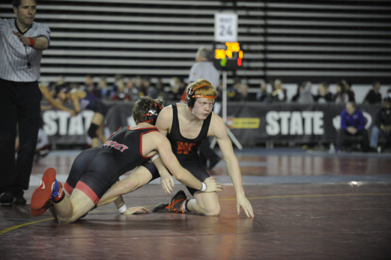 Washougal&#039;s Scott Lees right before he pins his opponent in the semi final round of the state tournament at the Tacoma Dome on Saturday, Feb. 16.