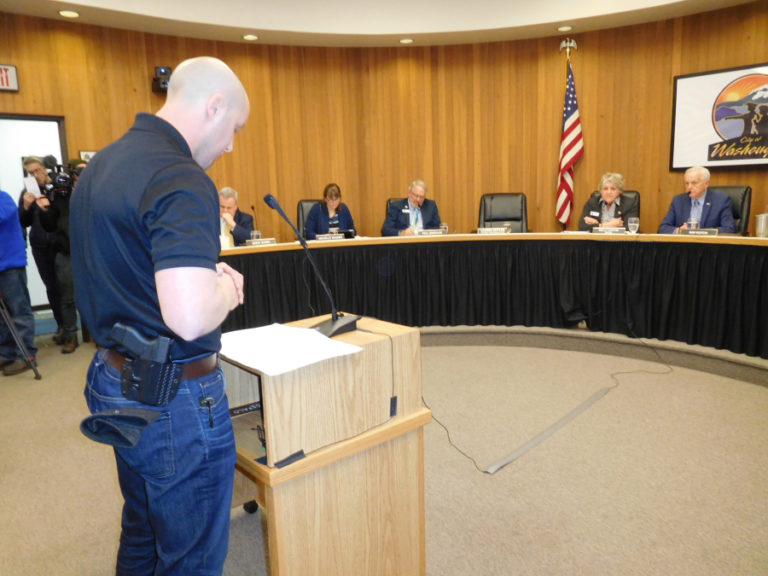 Eric Hargrave, owner of the Washougal-based retail firearms business, Limitless America, speaks in favor of a resolution that asks Washougal city councilors to declare the city a &quot;Second Amendment sanctuary city,&quot; to protect people&#039;s right to keep and bear arms, while also making a statement that no sheriff, police chief, agent, employee or official of their respective jurisdictions enforce any act, order, rule, law or regulation &#039;repugnant&#039; to the right to keep and bear arms.