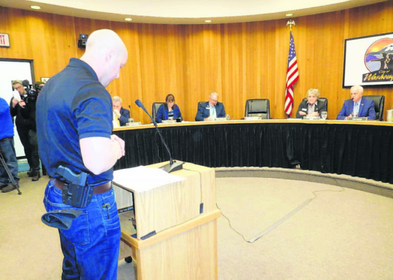 Eric Hargrave, owner of the Washougal-based retail firearms business, Limitless America, speaks in favor of a resolution that asks Washougal city councilors to declare the city a &quot;Second Amendment sanctuary city,&quot; to protect people&#039;s right to keep and bear arms, while also making a statement that no sheriff, police chief, agent, employee or official of their respective jurisdictions enforce any act, order, rule, law or regulation &#039;repugnant&#039; to the right to keep and bear arms.