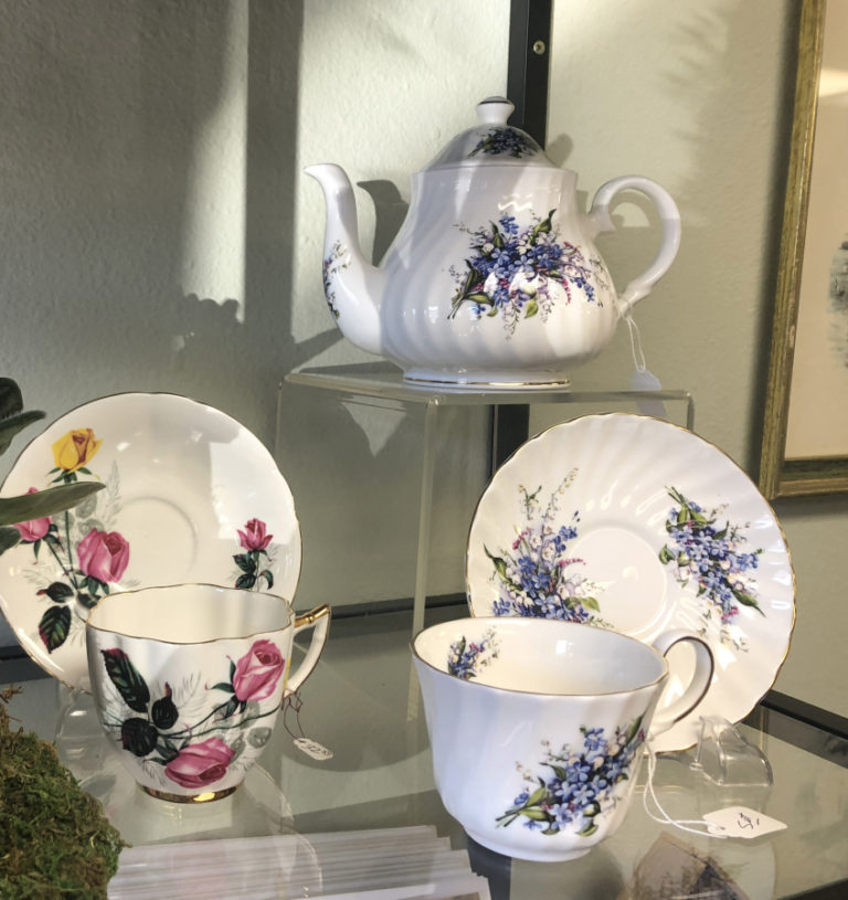 Tea sets for sale at the downtown Camas Coventry Gardens of London floral design studio.
