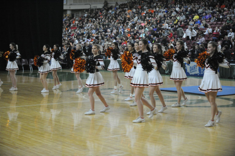 Washougal cheer squad entertains the state tournament crowd at the Yakima SunDome during the championship game on March 2.