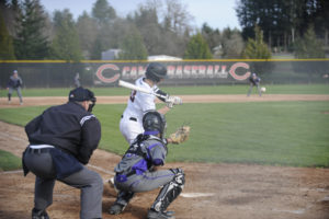 Camas' Riley Sinclair (at bat) eyes a pitch during a game against Heritage on March 26. 