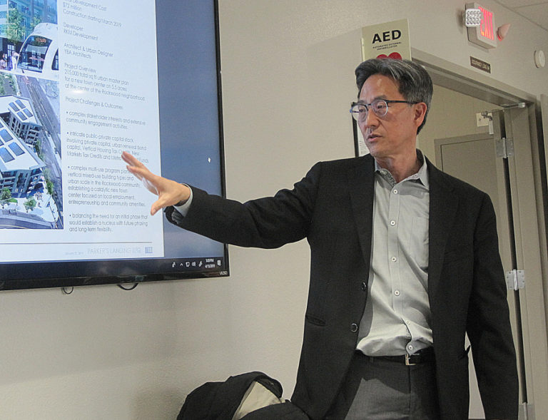 Roy Kim of RKm Development talks about his previous projects at a Port of Camas-Washougal Board of Commissioners meeting on April 15.