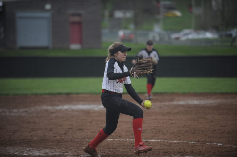 Mary Pipkin winds up for a pitch against Heritage. The Camas senior has been creating extreme movement in her pitches this season.