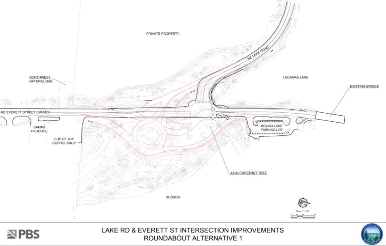 A depiction of roundabout &quot;Option 1,&quot; which could be used to replace the traffic signal at the busy intersection of Northeast Lake Road and Northeast Everett Street in Camas.