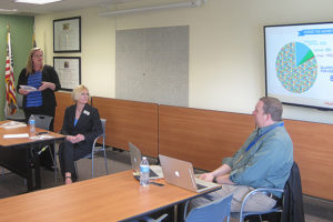 From left to right, Washougal School District business services director Kristine Grindy, superintendent Mary Templeton and technology director Les Brown discuss the district's budget during a community forum April 17 at the district office. 