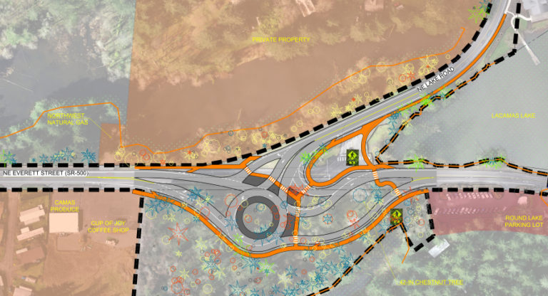 An illustration showing the preferred &quot;Option 1&quot; roundabout that will be constructed at the intersection of Everett Street and Lake Road, near the Round Lake parking lot, in Camas. This option saves a rare American Chestnut tree located on the property.