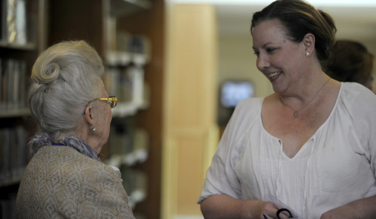 Virginia Warren (left) talks to Camas Mayor Shannon Turk (right) at the April 26 unveiling of the Virginia M.