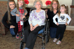 Marian Tuttle-Crum's family visits her at the Camas-based Prestige Care and Rehabilitation Center on May 3, one week before Marian's 100th birthday. Pictured from left to right: Marian's great-grandaughter, Miranda Reisenauer, Miranda's 6-year-old daughter, Savannah; Marian; Karen Reisenauer, Marian's granddaughter; and Miranda's 4-year-old daughter, Nicole. 