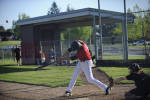 Papermaker Gideon Malychewski makes contact during the Camas baseball team's 3-0 win over Battle Ground in the final league game of the regular season on April 30. 