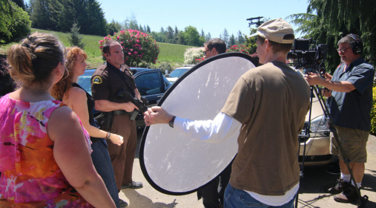 &quot;A Murder of Innocence&quot; director Shawn Justice (right) films a scene from the Christian thriller, based on a true story, in Southwest Washington.