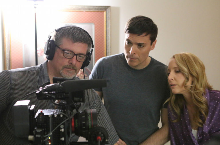 Director Shawn Justice, of Vancouver, (left) works on his film, &quot;A Murder of Innocence,&quot; with the film&#039;s stars, Rachel MacMillan (right), who plays Aimee Anderson, and Frank Chiesurin (center), who plays Pastor Albert Anderson in the Christian-themed thriller.
