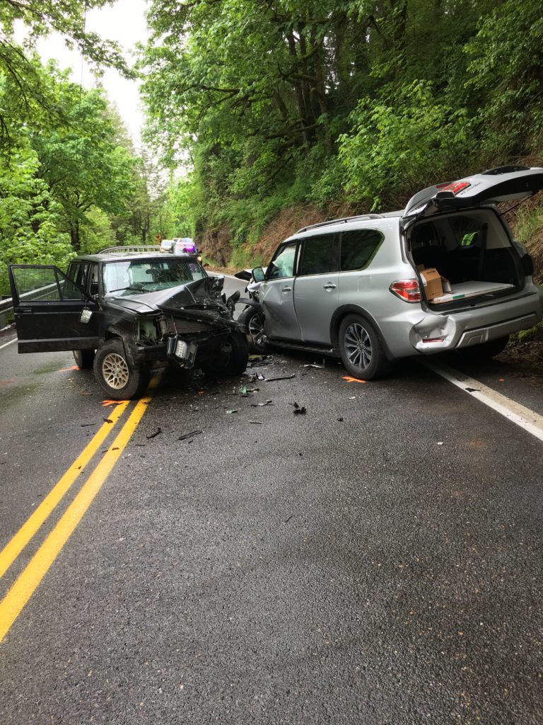 A three-car head-on crash at milepost 3 of the Washougal River Road has closed the road in both directions today. Two occupants of one vehicle suffered serious injuries in this collision.