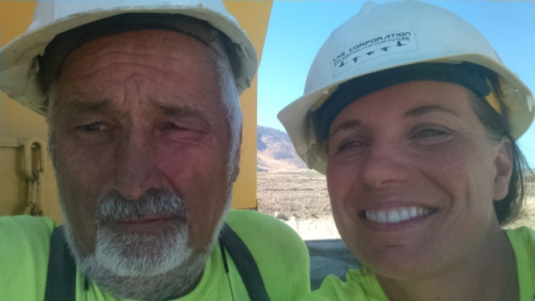 Jim Erion (left) and Kim Erion (right), owners of LKE Corporation, take a selfie at a construction site near Summer Lake, Ore.