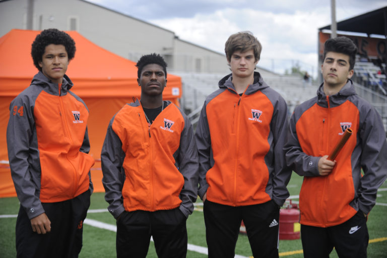 Washougal&#039;s 4x100 relay team of (left to right) Brig Griffin, Arcey Harton, Ryan Davy and Kenny Kanthak keeps breaking records and finished first at the 2A district meet on their home track at Fishback Stadium.